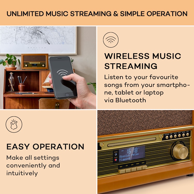 Belle Epoque 1906 Retro-stereoanläggning Radio DAB-radio VHF-radio MP3-uppspelning BT trä