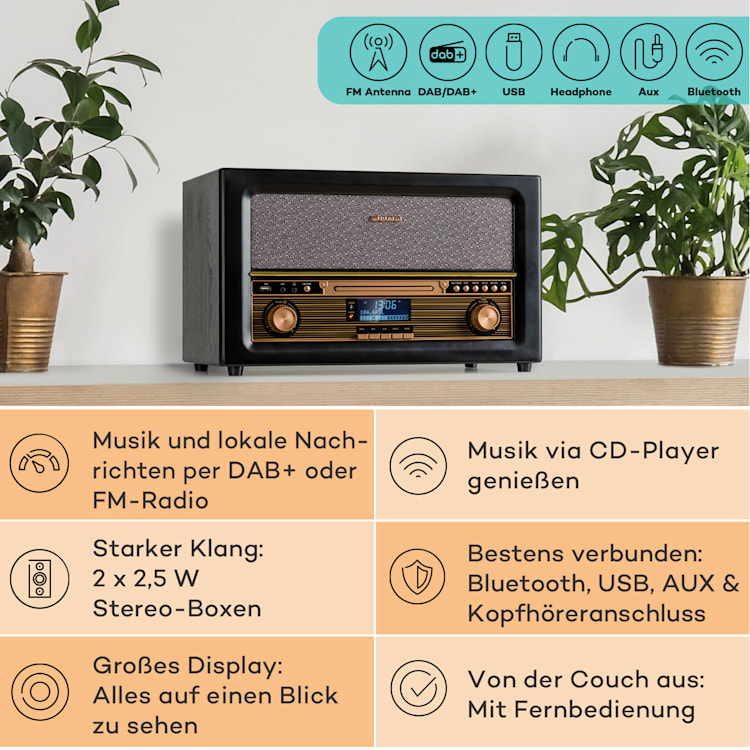 Belle Epoque 1906 DAB Retro-Stereoanlage DAB/UKW-Radio MP3 BT Schwarz