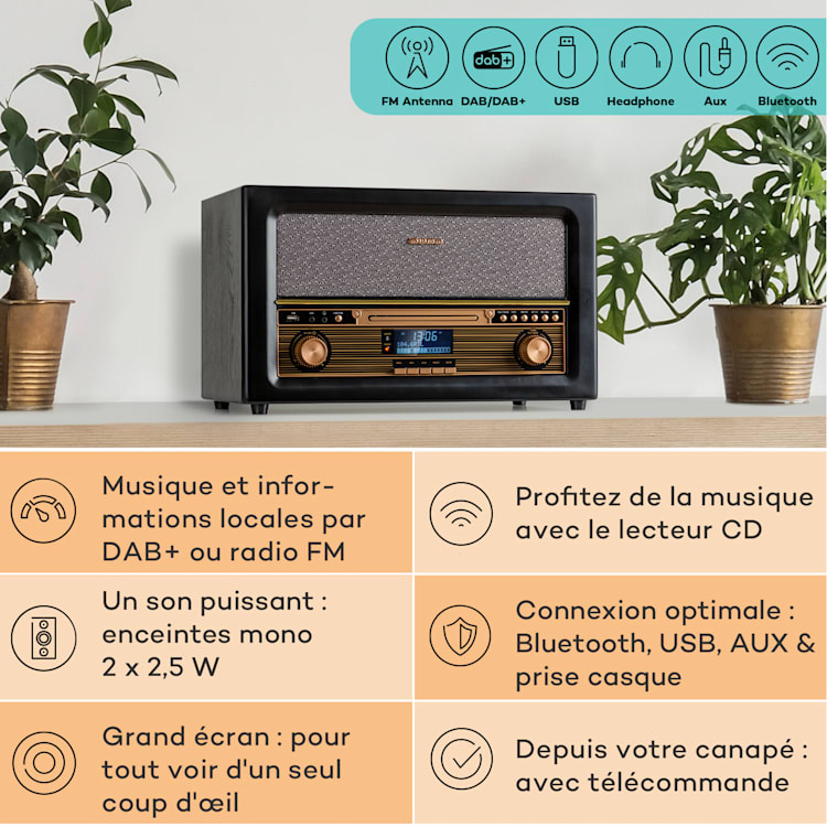 Chaîne stéréo rétro Belle Epoque 1906 DAB Radio DAB FM Lecture MP3 BT Noir