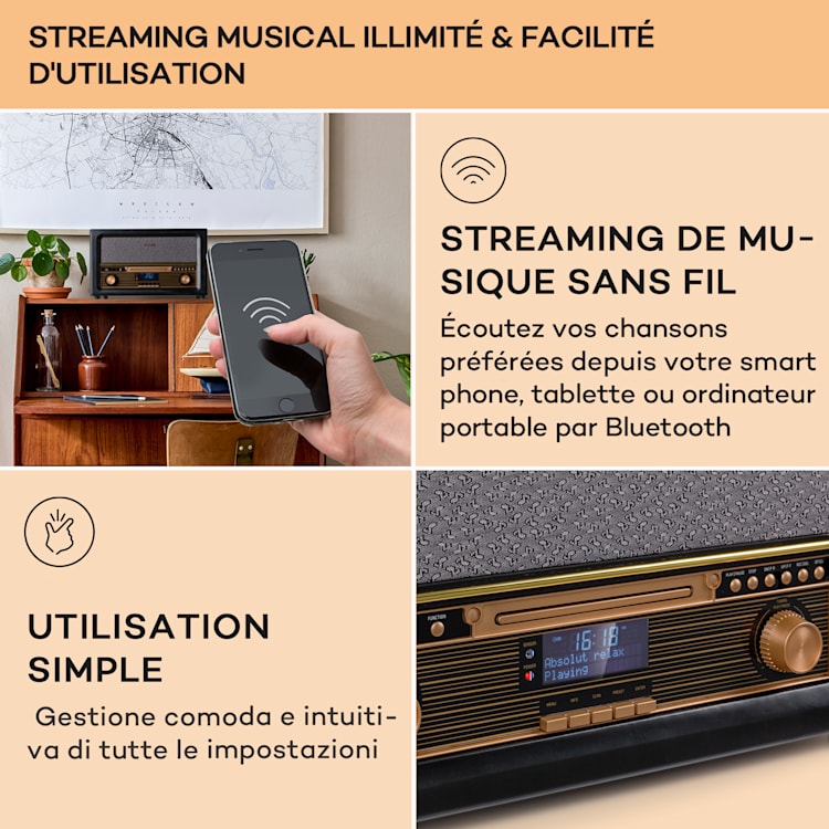 Chaîne stéréo rétro Belle Epoque 1906 DAB Radio DAB FM Lecture MP3 BT Noir