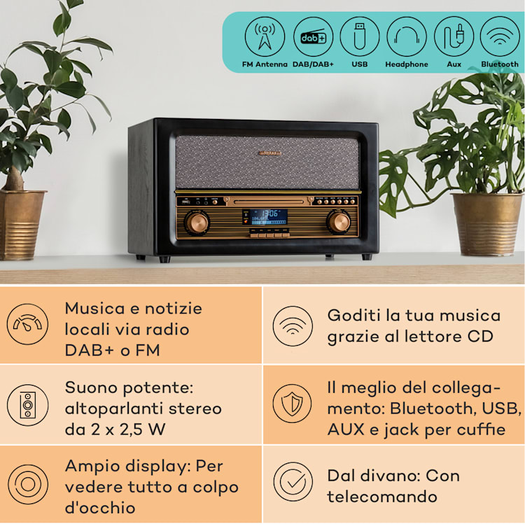 Belle Epoque 1906 DAB - Impianto stereo rétro, radio, radio DAB, radio FM, riproduzione MP3, BT Nero