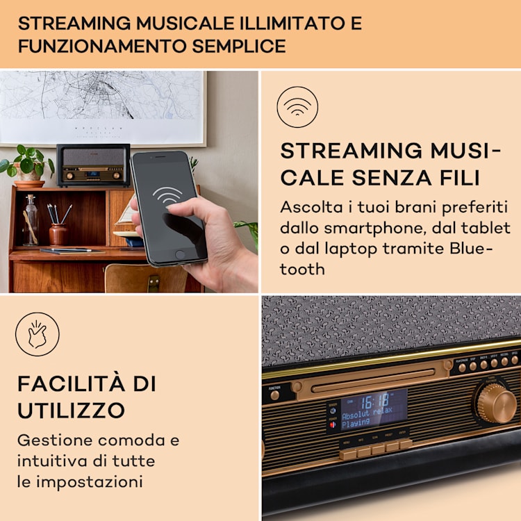 Belle Epoque 1906 DAB - Impianto stereo rétro, radio, radio DAB, radio FM, riproduzione MP3, BT Nero