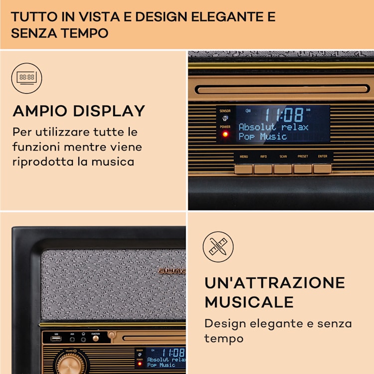 Belle Epoque 1906 DAB - Impianto stereo rétro, radio, radio DAB, radio FM, riproduzione MP3, BT Nero