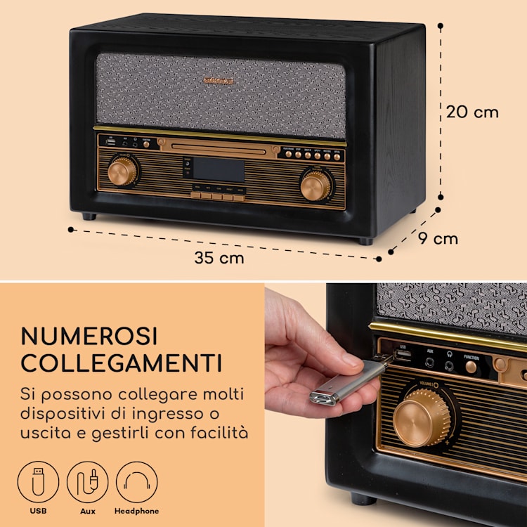 Belle Epoque 1906 DAB - Impianto stereo rétro, radio, radio DAB, radio FM, riproduzione MP3, BT Nero