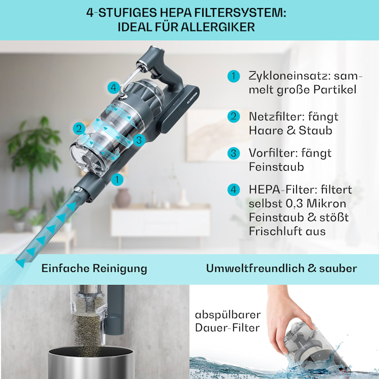LARMA Staubsauger kabellos beutellos Akku 45 min Laufzeit max. LED Grau