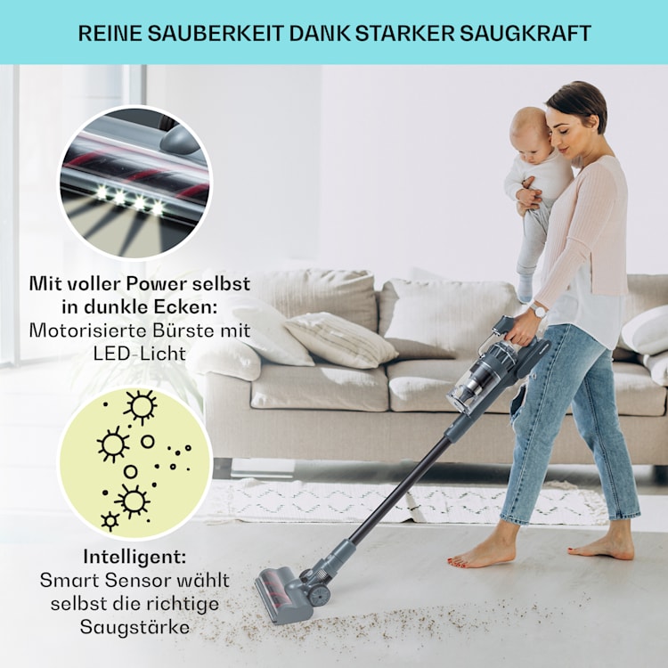LARMA Staubsauger kabellos beutellos Akku 45 min Laufzeit max. LED Grau