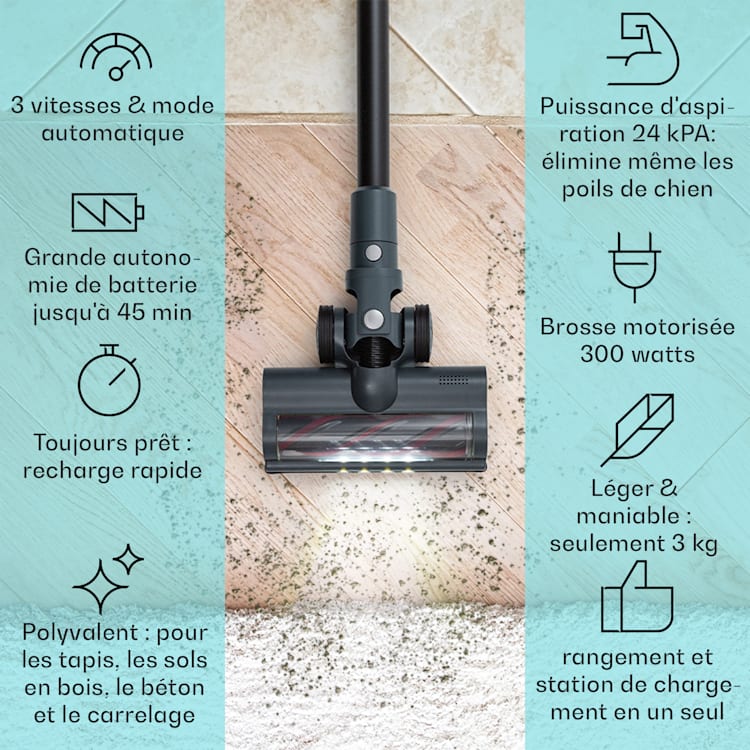 LARMA Aspirateur sans fil sans sac sur batterie 45 min max. d'autonomie LED Gris