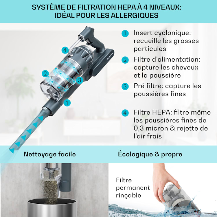 LARMA Aspirateur sans fil sans sac sur batterie 45 min max. d'autonomie LED Gris