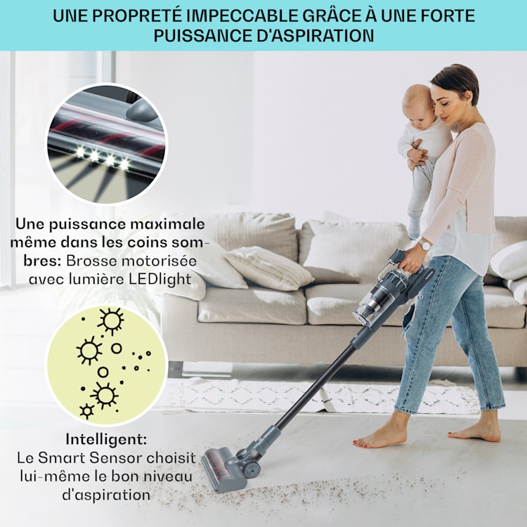 LARMA Aspirateur sans fil sans sac sur batterie 45 min max. d'autonomie LED Gris