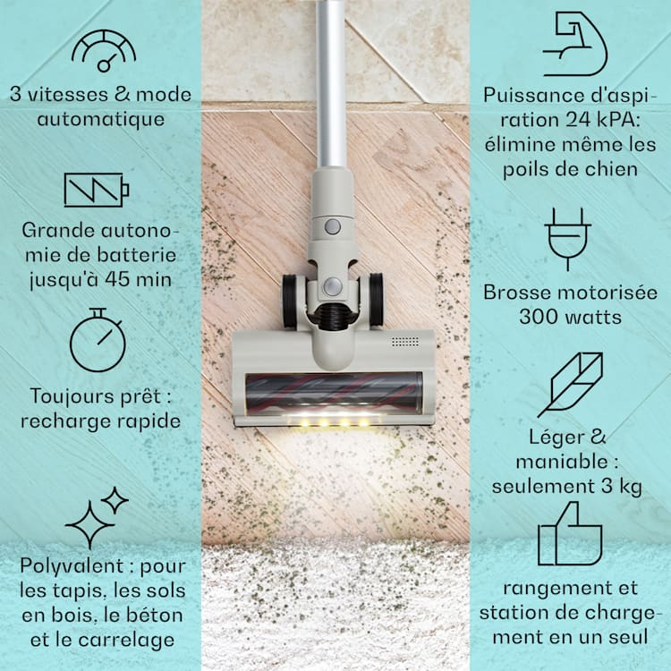 LARMA Aspirateur sans fil sans sac sur batterie 45 min max. d'autonomie LED Sable