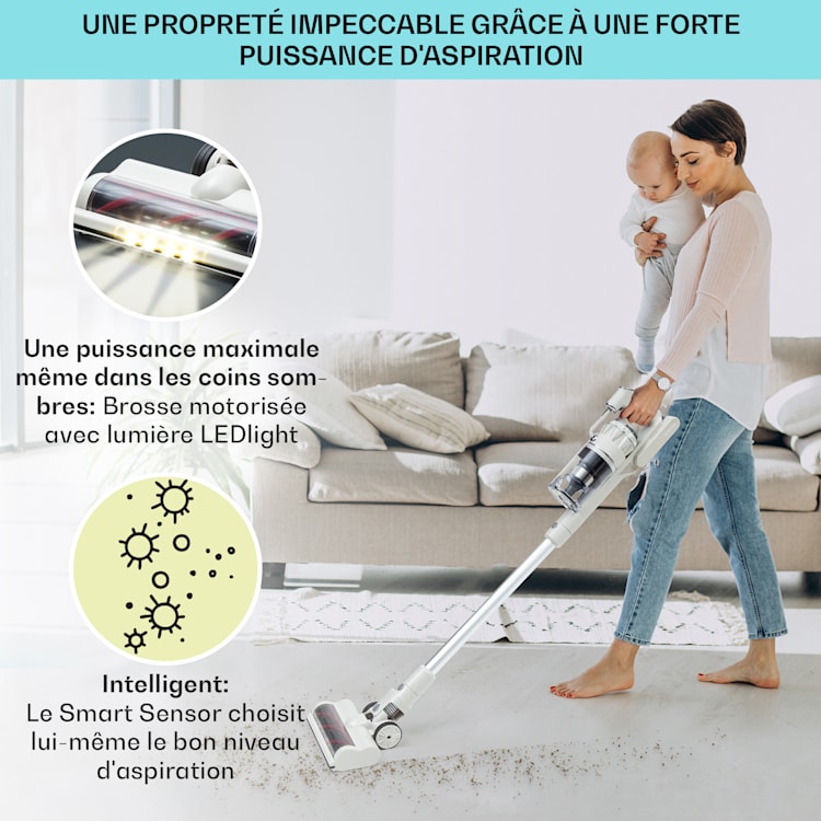 LARMA Aspirateur sans fil sans sac sur batterie 45 min max. d'autonomie LED Sable