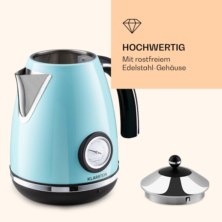 Aquavita Chalet Wasserkocher 1,7 Liter 2200 Watt Temperaturanzeige Edelstahl Pastellblau