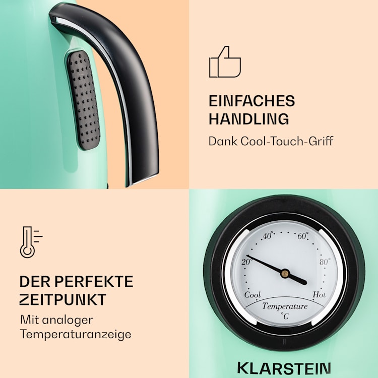Aquavita Chalet Wasserkocher 1,7 Liter 2200 Watt Temperaturanzeige Edelstahl Pastellgrün