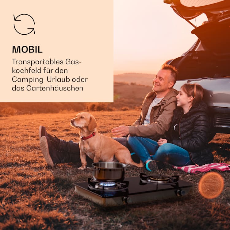 Barzona 2 Campingkocher 2 Brenner 3,4 kW & 4,3 kW Glasplatte Edelstahl 2 Brenner | Mit Gasschlauch & Druckminderer