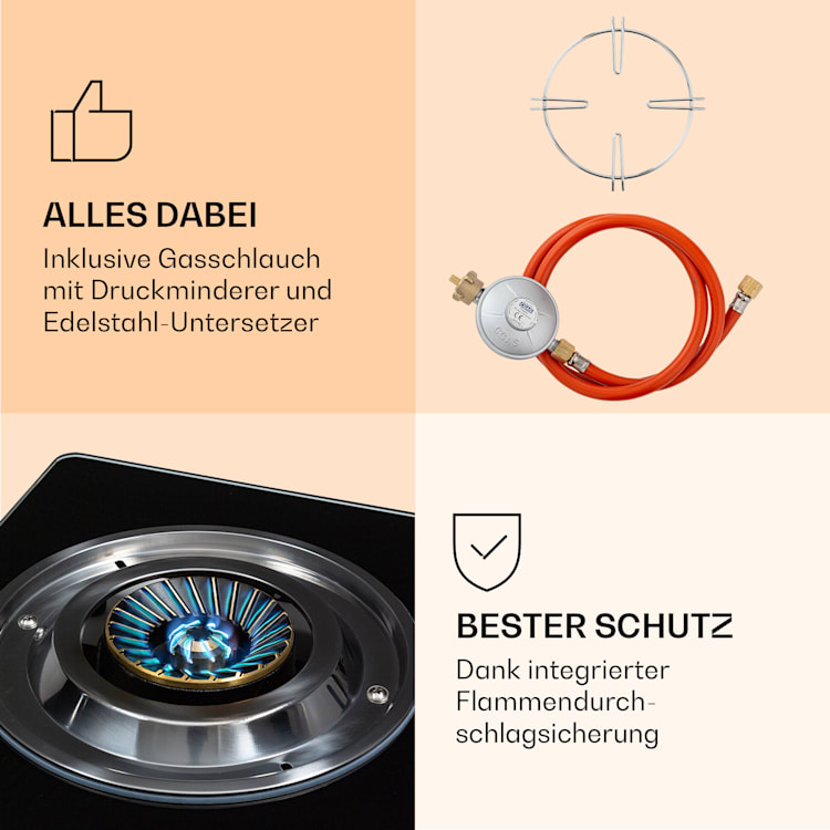 Barzona 2 Campingkocher 2 Brenner 3,4 kW & 4,3 kW Glasplatte Edelstahl 2 Brenner | Mit Gasschlauch & Druckminderer
