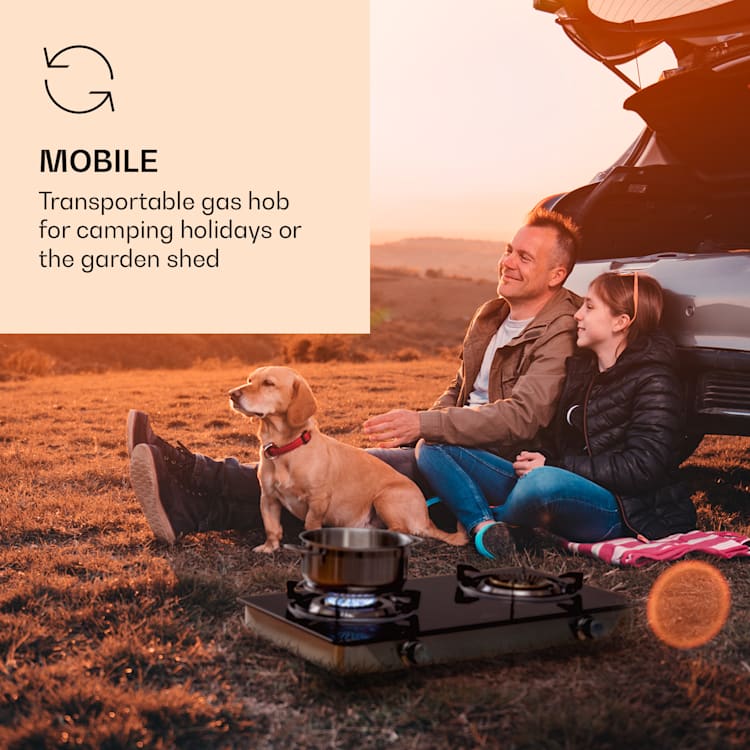 Barzona 2 Camping Stove 2 Burners 3.4 kW & 4.3 kW Glass Top & Stainless Steel Housing 2 burners | With gas hose & pressure reducer