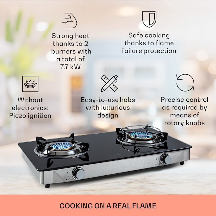 Barzona 2 camping kooktoestel 2 branders 3.4 kW & 4.3 kW glasplaat & roestvrijstalen behuizing G30 / 50 mbar | 2 branders | Zwart