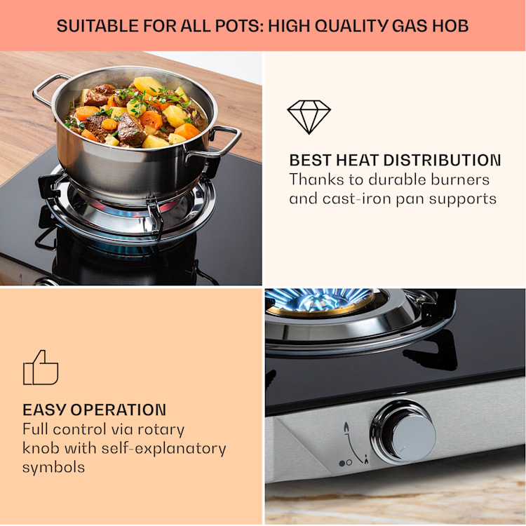 Barzona 2 camping kooktoestel 2 branders 3.4 kW & 4.3 kW glasplaat & roestvrijstalen behuizing G30 / 50 mbar | 2 branders | Zwart