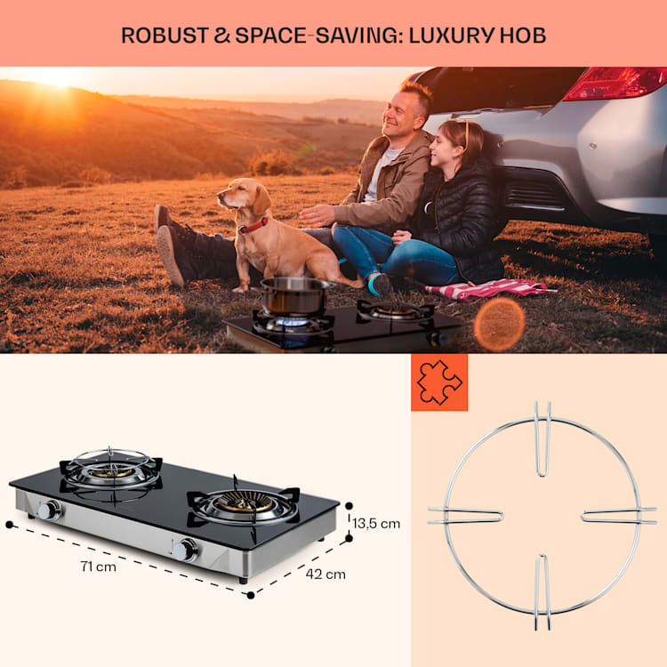 Barzona 2 camping kooktoestel 2 branders 3.4 kW & 4.3 kW glasplaat & roestvrijstalen behuizing G30 / 50 mbar | 2 branders | Zwart