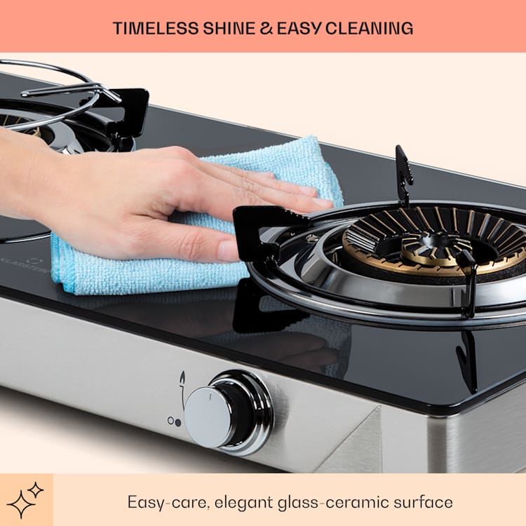 Barzona 2 camping kooktoestel 2 branders 3.4 kW & 4.3 kW glasplaat & roestvrijstalen behuizing G30 / 50 mbar | 2 branders | Zwart