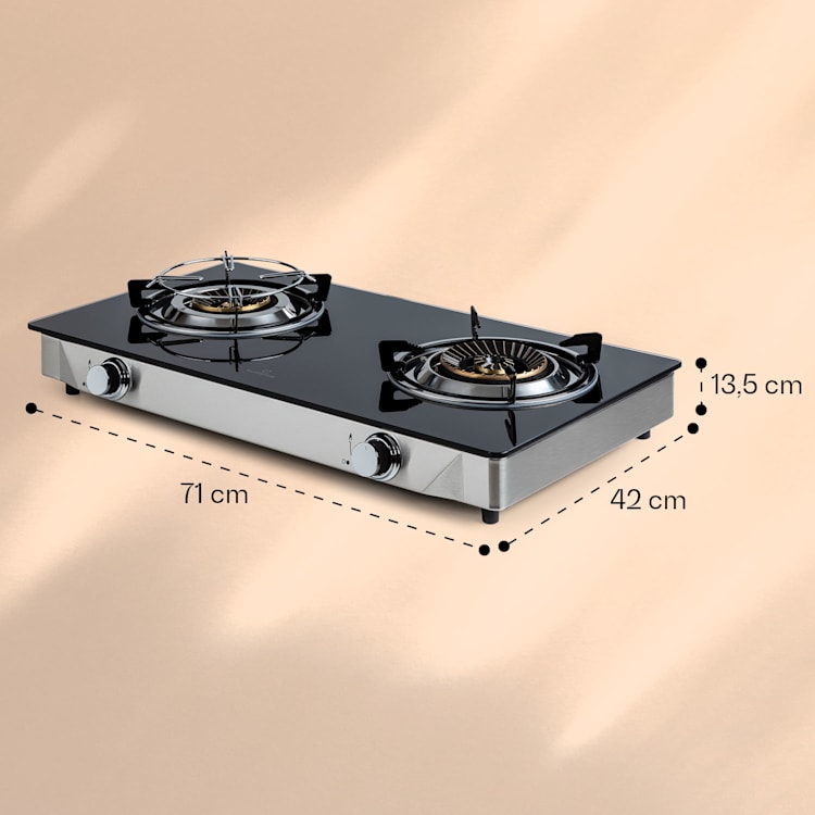 Barzona 2 Campingkocher 2 Brenner 3,4 kW & 4,3 kW Glasplatte Edelstahl 2 Brenner | Mit Gasschlauch & Druckminderer