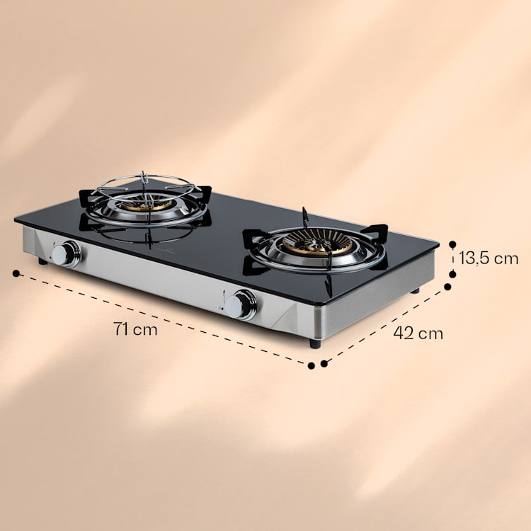 Barzona 2 fornello da campeggio, 2 bruciatori da 3,4 kW e 4,3 kW, piano in vetro e alloggiamento in acciaio inossidabile G30 / 50 mbar | 2 bruciatori | Nero