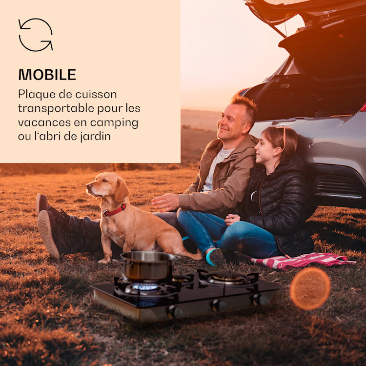 Réchaud de camping Barzona 3 3 brûleurs 3,4 kW & 0,75 kW & 4,3 kW Plaque en verre & boîtier en acier inoxydable 3 brûleur | Sans tuyau à gaz et réducteur de pression