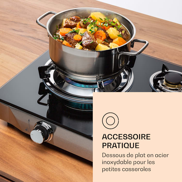 Réchaud de camping Barzona 3 3 brûleurs 3,4 kW & 0,75 kW & 4,3 kW Plaque en verre & boîtier en acier inoxydable 3 brûleur | Sans tuyau à gaz et réducteur de pression