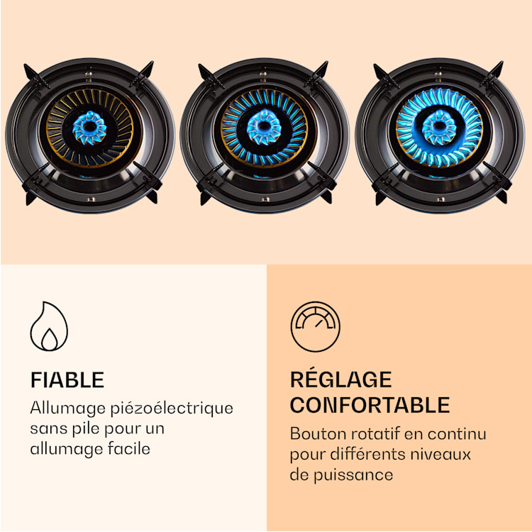 Réchaud de camping Barzona 3 3 brûleurs 3,4 kW & 0,75 kW & 4,3 kW Plaque en verre & boîtier en acier inoxydable 3 brûleur | Sans tuyau à gaz et réducteur de pression