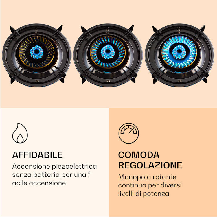 Barzona 3 fornello da campeggio, 3 bruciatori da 3,4 kW & 0,75 kW & 4,3 kW, piano in vetro e alloggiamento in acciaio inossidabile 3 Bruciatore | Senza tubo del gas e riduttore di pressione