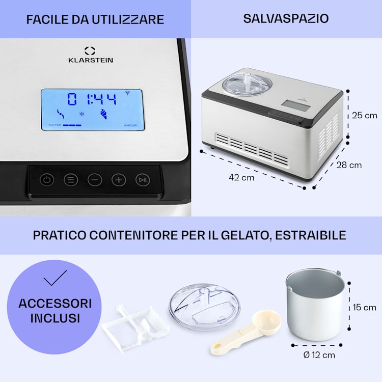 Dolce Bacio Smart Gelatiera Yogurtiera Compressore 2 litri WiFi Sistema touch Acciaio inox