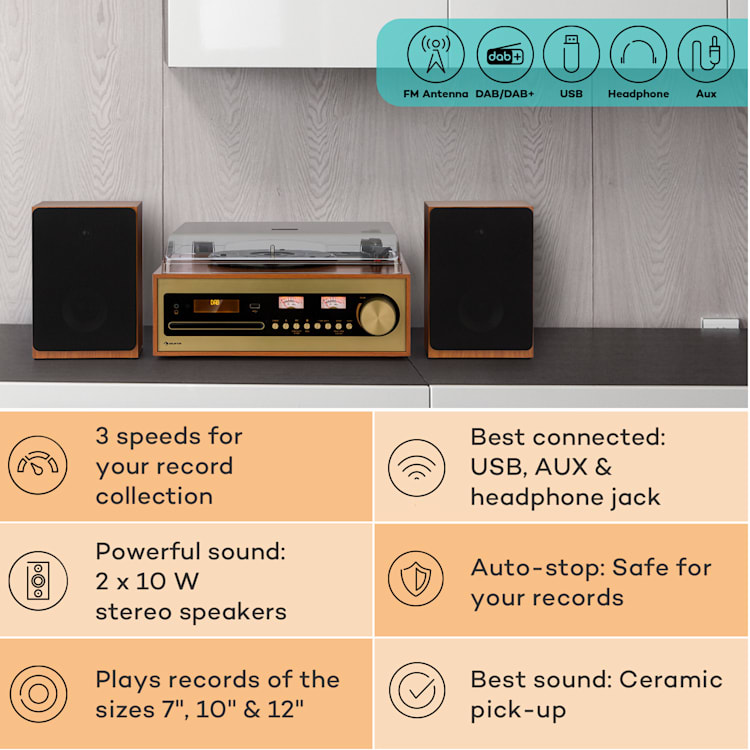 Oxford SE, mini stereo sustav, DAB+/FM, BT funkcija, vinil, CD, AUX-In Champagne