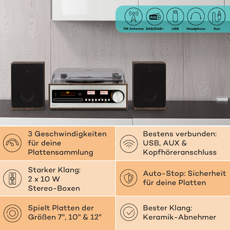 Oxford SE Mini-Stereoanlage DAB+/FM BT-Funktion Vinyl CD AUX-In Silber