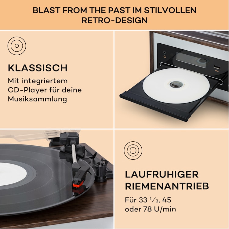 Oxford SE Mini-Stereoanlage DAB+/FM BT-Funktion Vinyl CD AUX-In Silber