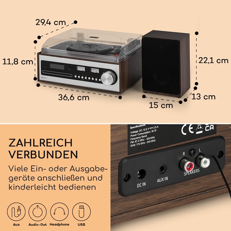 Oxford SE Mini-Stereoanlage DAB+/FM BT-Funktion Vinyl CD AUX-In Silber