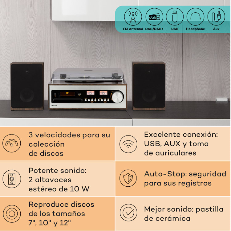 Oxford SE Miniequipo estéreo DAB+/FM BT Vinilos CD AUX Plata