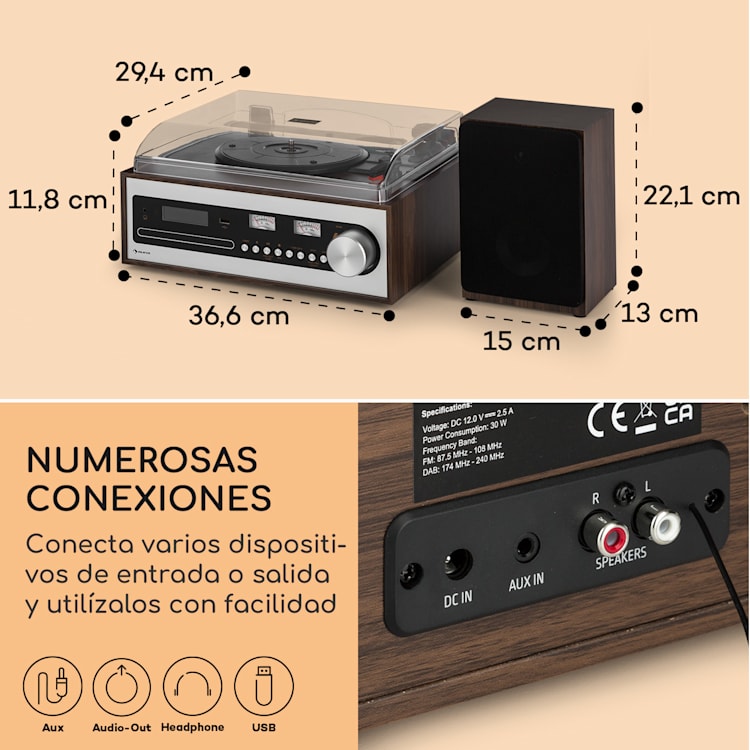 Oxford SE Miniequipo estéreo DAB+/FM BT Vinilos CD AUX Plata