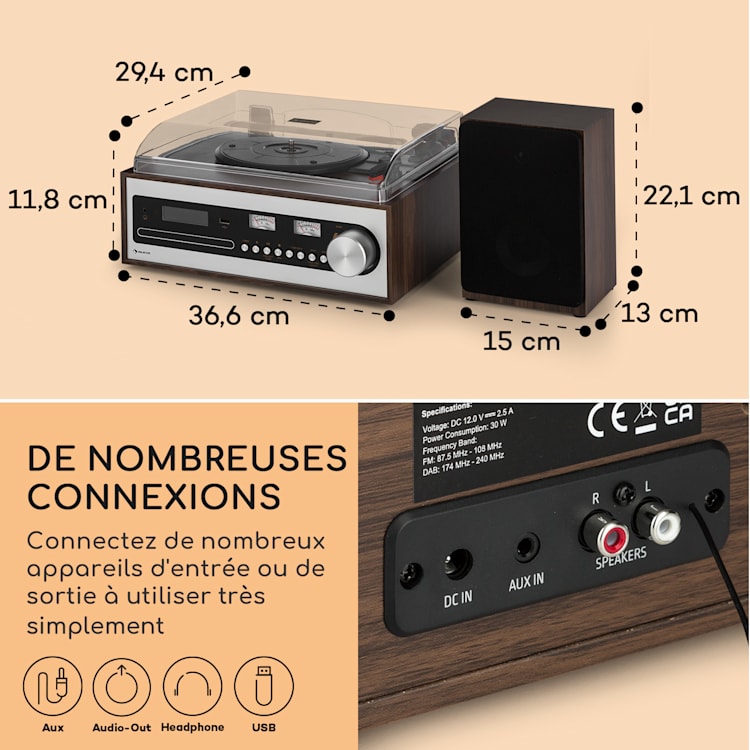 Oxford SE mini chaîne stéréo Fonction DAB+/FM BT Vinyle CD AUX-In