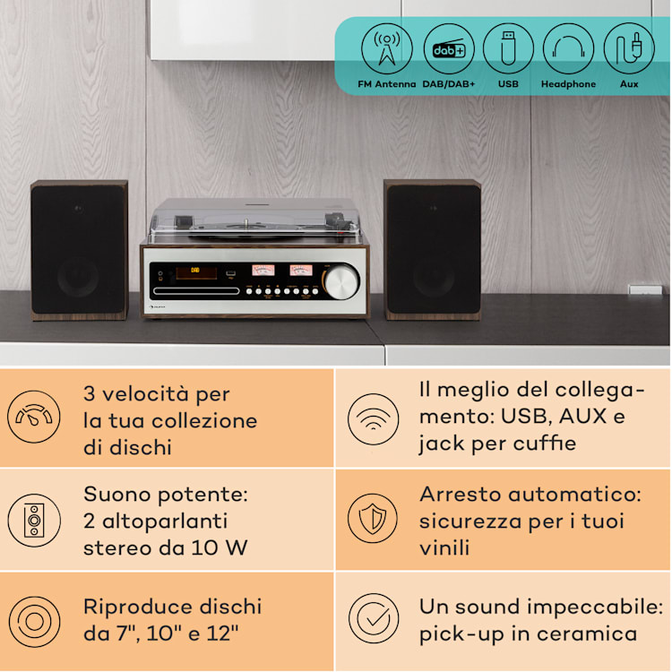 Oxford SE mini impianto stereo, DAB+/FM, funzione BT, vinile, CD, AUX-In Argento