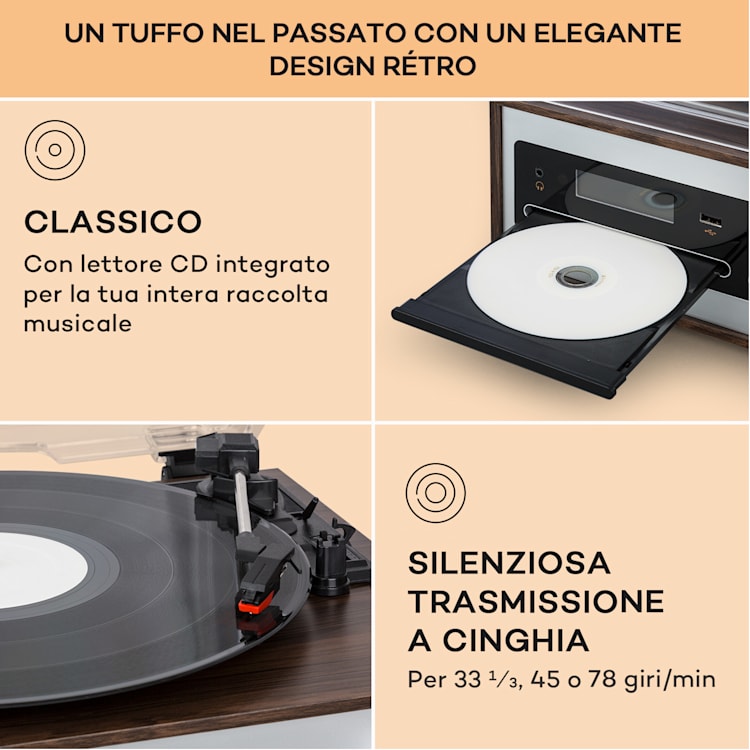 Oxford SE mini impianto stereo, DAB+/FM, funzione BT, vinile, CD, AUX-In Argento