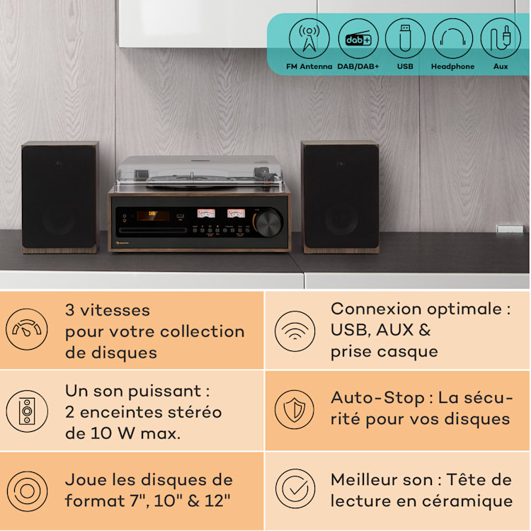 Oxford SE mini chaîne stéréo Fonction DAB+/FM BT Vinyle CD AUX-In Noir