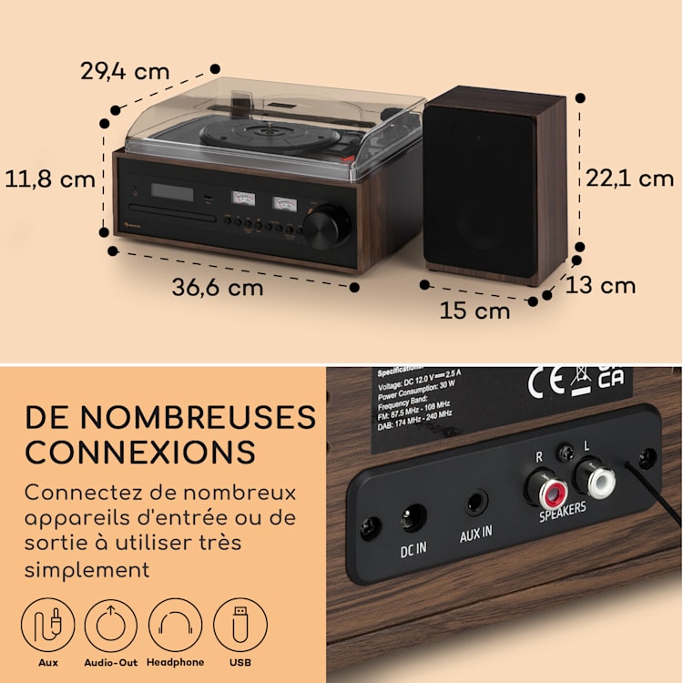 Oxford SE mini chaîne stéréo Fonction DAB+/FM BT Vinyle CD AUX-In Noir