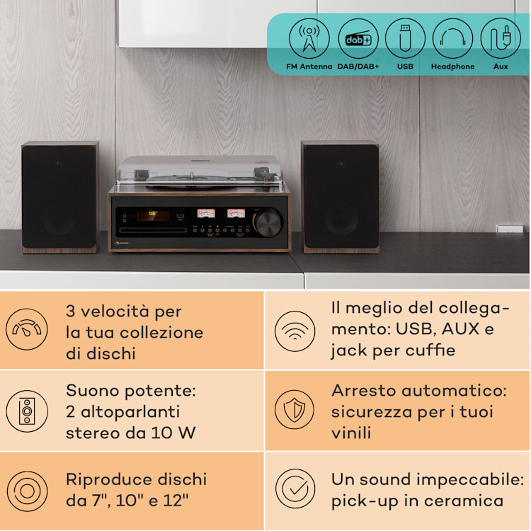 Oxford SE mini impianto stereo, DAB+/FM, funzione BT, vinile, CD, AUX-In Nero