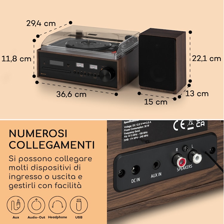 Oxford SE mini impianto stereo, DAB+/FM, funzione BT, vinile, CD, AUX-In Nero