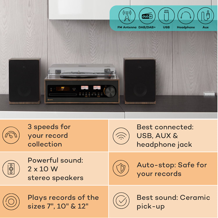 Mini Aparelhagem Oxford SE DAB+/FM Função BT Vinil CD AUX-In Preto