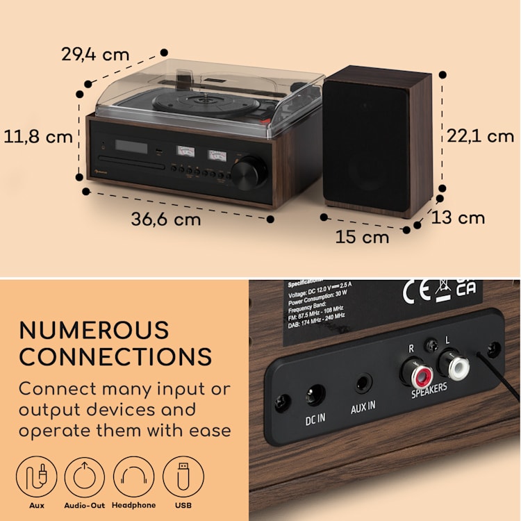 Mini Aparelhagem Oxford SE DAB+/FM Função BT Vinil CD AUX-In Preto
