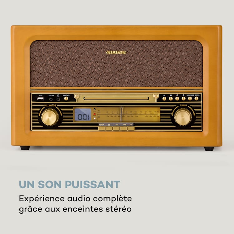Chaîne stéréo rétro Belle Epoque 1906 CD FM USB MP3 REC AUX  Bois de Cerisier