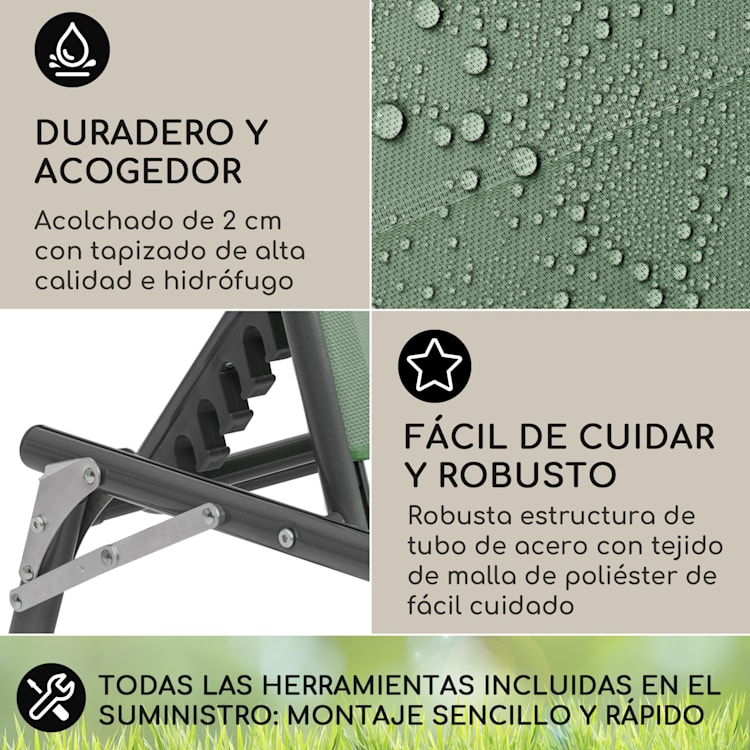 Tumbona Amalfi 70 x 37 x 200 cm Sombrilla de 5 peldaños Respaldo de acero tubular Resistente a la intemperie Musgo