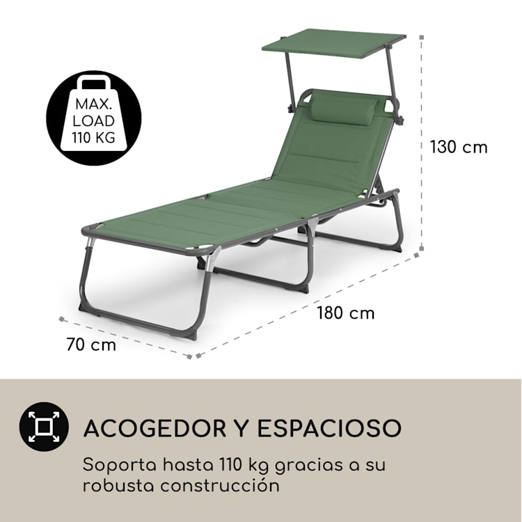 Tumbona Amalfi 70 x 37 x 200 cm Sombrilla de 5 peldaños Respaldo de acero tubular Resistente a la intemperie Musgo