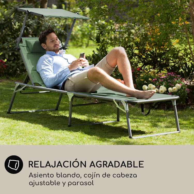 Tumbona Amalfi 70 x 37 x 200 cm Sombrilla de 5 peldaños Respaldo de acero tubular Resistente a la intemperie Musgo